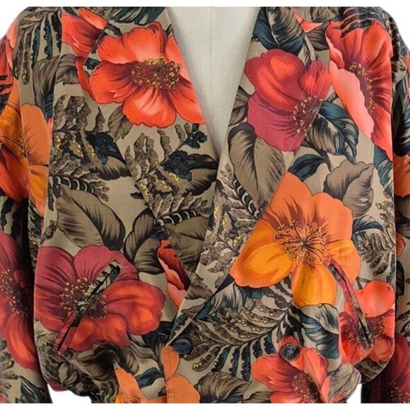 Vintage 80s Rafaella 100% Silk Hawaiian Floral 2PC Skirt Suit Orange Sz M NWOT - Picture 3 of 6